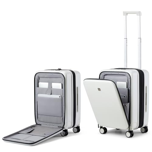 Hanke Grace Expandable Carry On Luggage with Wheels Airline Approved Hard Shell Suitcases with Front Pocket，Top Opening Luggage with TSA Lock for Short Business Travel, Smoke White. - color: Smoke White, size: 20 Inch Expandable