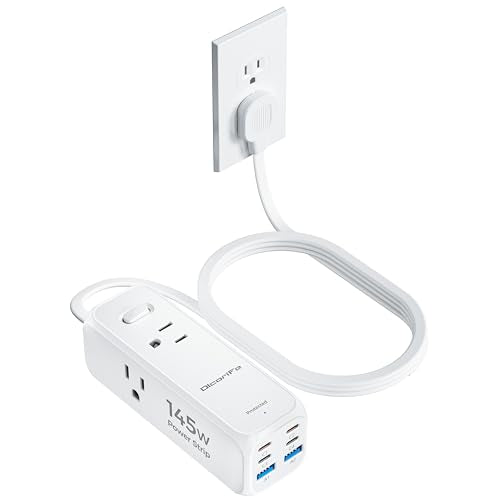 Olcorife 145W USB Power Strip, 5FT Flat Plug Extension Cord with 3 AC Outlets 6 USB Ports(4 USB C&2 USB A), 3 Sided Outlet Extender for Home Office Travel Dorm Room Essentials, White - size: 5 FT, style: 3AC(6USB145W)
