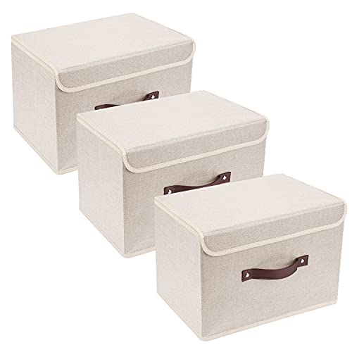 TYEERS Collapsible Storage Boxes, Washable Fabric Storage Bins with Lids, 14.9x9.8x9.8 inches, 3 Pack, Beige - color: Beige, size: set of 3