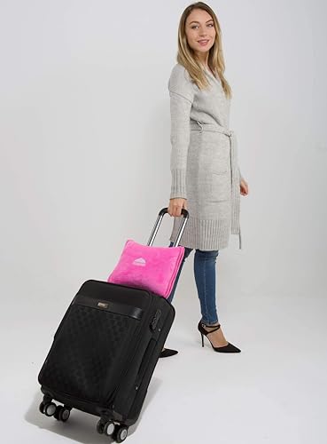 BlueHills Premium Soft Travel Blanket Pillow Airplane Blanket Packed in Soft Bag Pillowcase with Hand Luggage Belt and Backpack Clip, Compact Pack Large 2 in 1 Combo for Any Travel (Pink T004) - color: Pink-1pk-t004