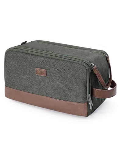 WANDF Toiletry Bag for Men Travel Toiletry Organizer Canvas and Leather Dopp Kit Water-Resistant Shaving Bag for Travel Accessories (Green, Large) - color: L, Green, size: Large