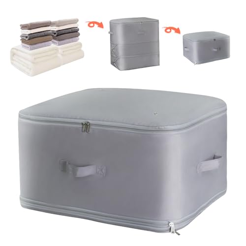 Ultra Space Saving Self Compression Storage Bags with Zipper, （Grey) -Compression Organize for Bedding, Comforter Storage Bag for Blankets Duvet Quilts Pillows - color: Grey