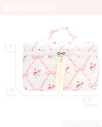 PAZIMIIK Quilted Makeup Bag Large Travel Zipper Soft Cosmetic Case for Women Girls Make Up,Bow Rose - color: Bow Rose, size: 1 PCS Bag