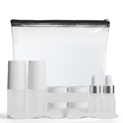 11 Piece Travel Skincare Containers Set - TSA Approved Toiletry Bag & Travel Size Toiletries Bottles - Airless Pump, Dropper Bottles & Travel Size Containers for Serums, Moisturizers, & Oils