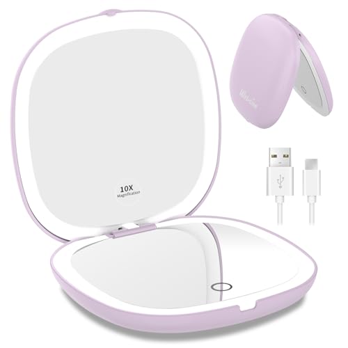 WOBSION Rechargeable Lighted Travel Makeup Mirror,1x/10x Compact Magnifying Mirror with Lights,Portable for Bag,4inch,Gift,Purple - color: Purple