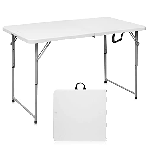 Byliable Folding Table 4 Foot Portable Heavy Duty Plastic Fold-in-Half Utility Table Small Indoor Outdoor Adjustable Height Folding with Carrying Handle, Camping and Party,White - color: White, size: 4FT