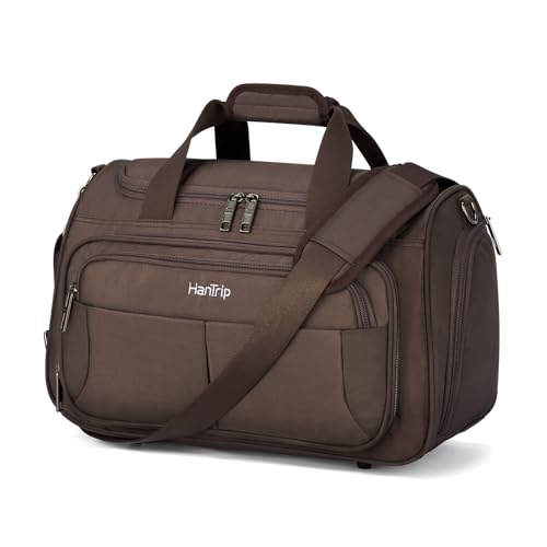 HanTrip Carry on Duffel Bag Foldable Duffle Bags for Travel, Under Seat Personal Item Bags for Airplanes, Weekender Overnight Mens Travel Tote Bag for Women Small Softside Carry on Luggage (Coffee) - color: Coffee, size: Carry-on 16.5-Inch