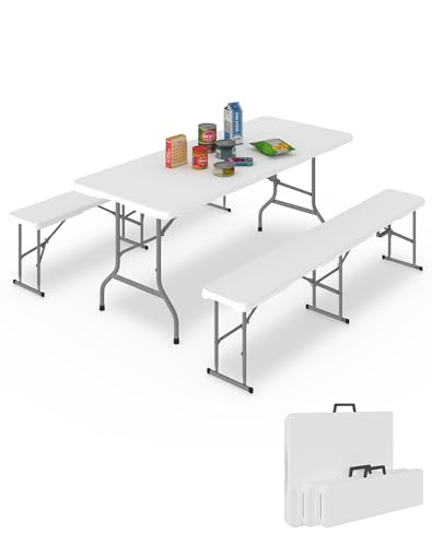 Folding Table Set with 2 Benches, 6 FT Picnic Table and Bench Set, 3- Piece Foldable Camping Tables Sets for Indoor & Outdoor, Portable Plastic Tables Chairs for Party, Wedding, Event, BBQ - color: White, size: 2 Folding Bench and 1 Folding Table