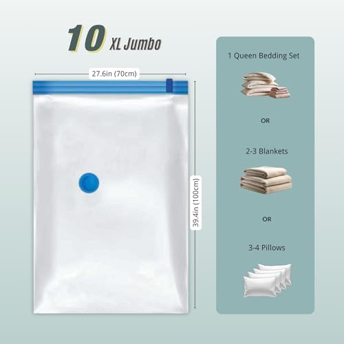 10 XL Jumbo Vacuum Storage Bags with Pump, Extra Large Compression Space Saver for Comforter, Duvet, Bedding, Blanket Storage, Vacuum Seal Bags for Clothing, Luggage Suitcase and Closet Organizer - size: 10 Jumbo XL