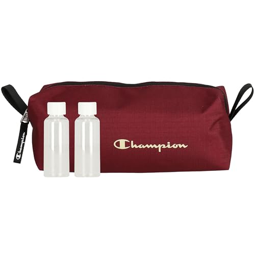 Champion - Hanging Toiletry Bag - Travel Sized Polyester Bag — Water-Resistant, Cosmetics Organizer Bag with Two Compliant Bottles - Lightweight Portable Zipped Bag for Unisex – Red- 10"x3.9"x3.9" - style: Red