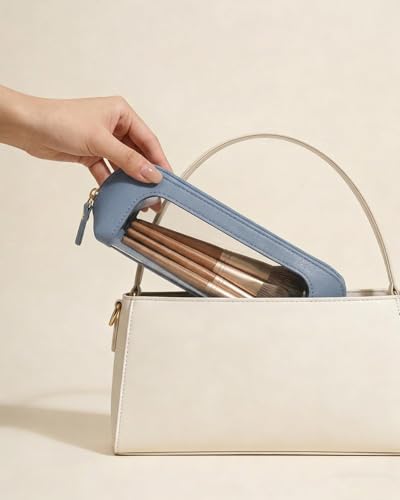 LETGO Clear Makeup Brush Bag Pouch, Waterproof PU Leather Portable Makeup Bag Holder with Transparent Window, Travel Lipstick Case Pouch Car Organizer and Storage (Slim, Blue) - color: Blue, style: Slim