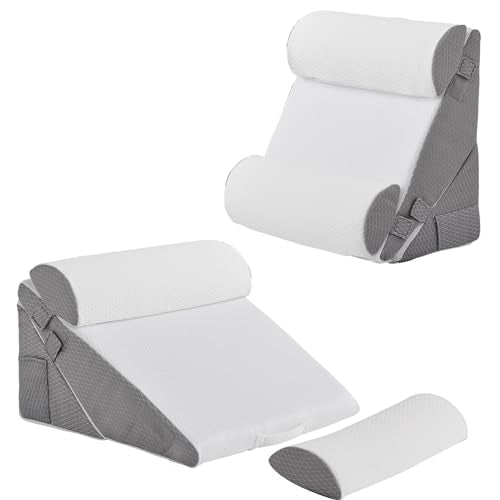 Bedluxe Adjustable 4pcs Bed Wedge Pillow Set, Memory Foam Wedge Pillows Post Surgery for Back, Neck, Leg Pain Relief, Pillow Wedge for Sleeping, Sitting up in Bed, Acid Reflux and GERD, White/Grey - color: White/Grey, size: Adjustable 9&12 Inch + 2 Head P