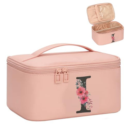 OCHEAL Initial Makeup Bag,Monogram Make up Bag Pink Travel Makeup Organizer Case Beauty Toiletry Cosmetic Bag with Brush Holder, Trendy Stuff Personalized Gifts for Women and Girls-I - color: Pink, style: I