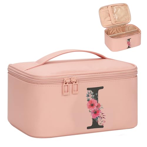 OCHEAL Initial Makeup Bag,Monogram Make up Bag Pink Travel Makeup Organizer Case Beauty Toiletry Cosmetic Bag with Brush Holder, Trendy Stuff Personalized Gifts for Women and Girls-I - color: Pink, style: I