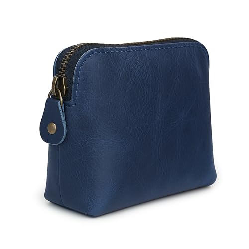 Full Grain Leather Cosmetic Bag – Zippered Makeup Pouch for Women, Small Travel Toiletry & Organizer Pouch for Purse, Premium Handmade Leather (5 × 4 × 2.5 in) - color: Blue