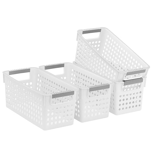Soddeph 4 Pack Slim Plastic Storage Basket with Handles, Rectangular Storage Bins for Shelves,Narrow Organizer box for Organizing, Kitchen,Home,Office (White, Small) - color: White, size: Small