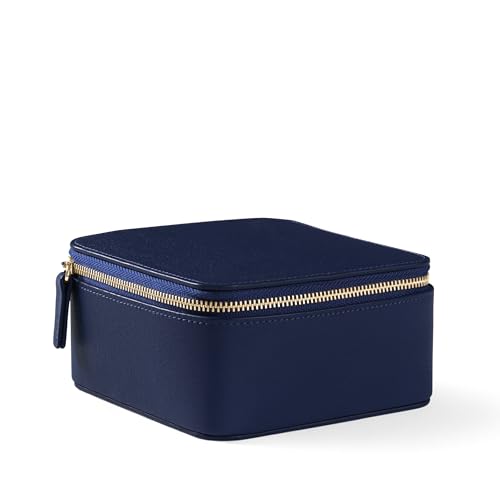 Leatherology Navy Blue Medium Jewelry Organizer – Full-Grain Leather Travel Case with Structured Design, Ring & Earring Storage, Zippered Suede Pouches - color: Navy Blue