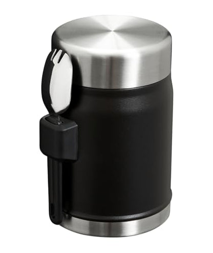 STANLEY Classic Food Jar and Spork | Vacuum Insulated Food Container | Wide Mouth Screw On Lid | Packable for Travel | Stainless Steel with Leakproof Lid | BPA-Free - color: Black 2.0