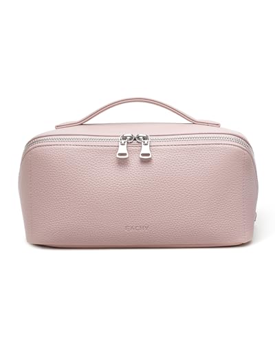 EACHY Travel Makeup Bag, Lychee Large Capacity Cosmetic Bag for Women, Open Flat Toiletry Bag with TPU Brush Compartment, Waterproof Skincare Organizer Travel Essentials (AI-Ash Pink, Medium) - color: AI-Ash Pink, size: Medium
