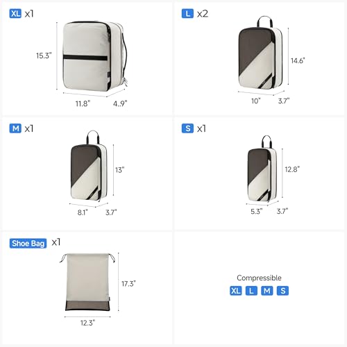 LUGGEX Compression Packing Cubes for Travel, 6 Set Lightweight Luggage Organizer Bags with Shoe Bag, Space Saving Suitcase Packing Cubes for Carry-On with Breathable Mesh, Double-Zipper (POX01, Beige) - size: 6 Set - 1 Xlarge & 2 Large Cubes