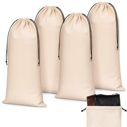 Amylove 4 Pcs Flannel Cloth Shoe Bags for Travel, 8 x 17 Inches Dust Pouch with Drawstring Closure, Washable Breathable Cotton Fabric for Luggage(Beige) - color: Beige
