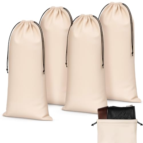 Amylove 4 Pcs Flannel Cloth Shoe Bags for Travel, 8 x 17 Inches Dust Pouch with Drawstring Closure, Washable Breathable Cotton Fabric for Luggage(Beige) - color: Beige