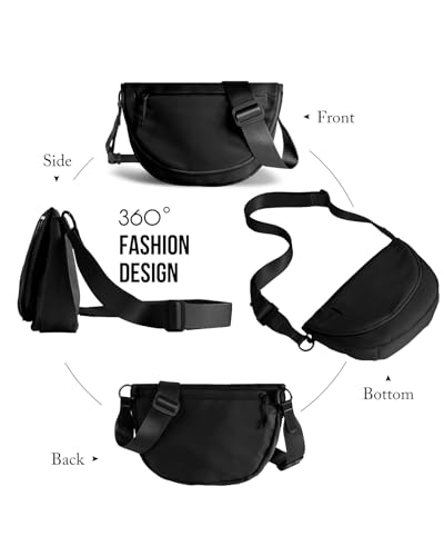 Crescent Bag for Women and Men, Fashion Medium Nylon Folding Crescent Moon Bag Single Shoulder Bag with Adjustable Strap - color: black