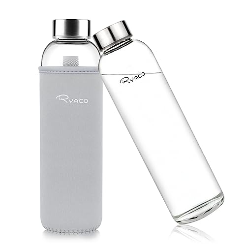 Ryaco Borosilicate Glass Water Bottle 33oz/1L/1000ml BPA-Free Leak Proof Ideal for School Home Office Travel Sport Yoga Gym Hot Cold Drinks with Portable Neoprene Carrying Sleeve and Sponge Brush - color: Light Gray