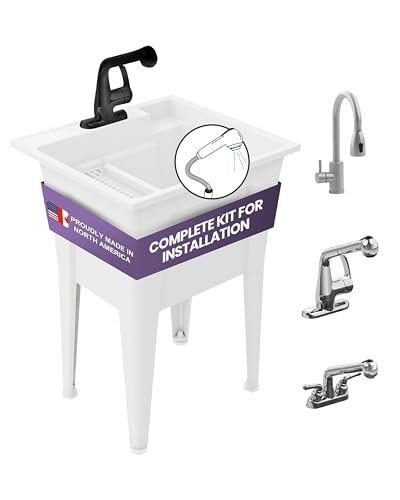 Freestanding Utility Sink with One Handle Black Faucet - 24" Plastic Utility Sink for Garage, Laundry, Indoor and Oudoor Use - Laundry Tub Kit by Noah William Home - White (19.5 gal) - color: White - One handle black faucet