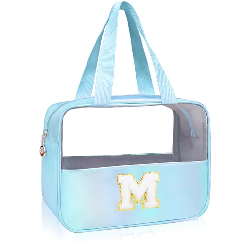 Personalized Initial Clear Makeup Bag Blue Cosmetic Bag Set Large Travel Toiletry Bag, Cute Clear Make Up Bags Organizer Bag for Girlfriend Teacher Gifts Teen Girl Gifts Trendy Stuff M (Blue) - color: Blue, style: M