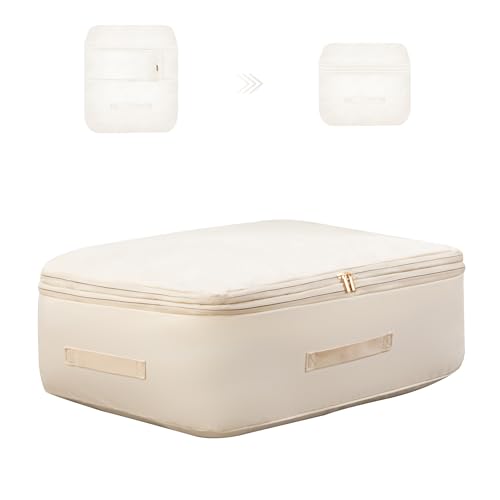 Ultra Space Saving Self Compression Organizer, Comforter Storage Bag for Clothes, Blankets, Pillows, Duvet, Comforters, Bedding Sets and Much More (Khaki,L - 54 * 42 * 30cm) - color: Khaki, size: L - 54*42*30cm
