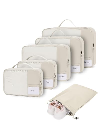ECOHUB 6 Set Packing Cubes for Travel Durable Suitcase Organizer Bags Set with Personalized Tag Travel Essentials with Shoe Bag Traveling Accessories for Luggage Machine Washable, Beige - color: No Compress-Beige