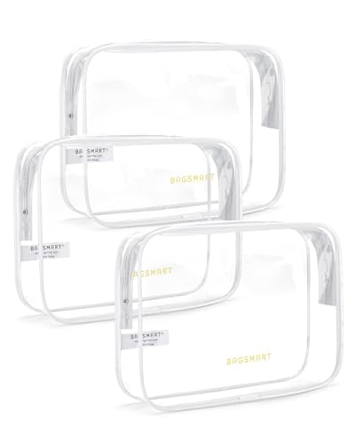 BAGSMART Clear Toiletry Bag, 3 Pack TSA Approved Travel Toiletry bag Carry on Travel Accessories Bag Airport Airline Quart Size Bags Water Repellent Makeup Cosmetic Bag for Women (White-3pcs) - color: Cloud White, size: 3 Pack, Medium