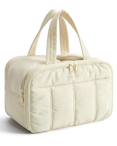 BAGSMART Travel Toiletry Bag, Puffy Large Toiletry Bag for Women, Lightweight Cosmetic Makeup Bag Organizer with Handle for Traveling, Accessories, Essentials, Toiletries （Beige - color: C-Beige