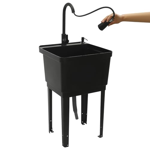 Utility Sink Extra-Deep Laundry Tub, Utility Sink Laundry Tub with 360° Rotatable High Faucet, Heavy Duty Floor Mounted Freestanding Wash Station for Restaurants, Laundries, Stores (Black) - color: Black, 19.7 x 18.9 x 33.1in