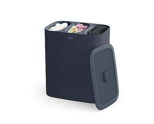 Joseph Joseph Tota Trio 90 liter/23.8 gallon Laundry Hamper Separation Basket with lid, 3 Removable Washing Bags with Handles- Dark Blue - color: Dark Blue, style: Trio Compartment 90L