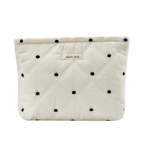 uekeboag White Quilted Cotton Makeup Pouch,Coquette Quilted Toiletry Bag for Women and Girls, Floral Coquette Organizer Bag, Aesthetic Travel Cosmetic Bags(01White Dots) - color: 01White Dots