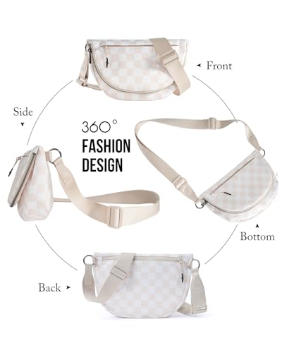 Crescent Bag for Women and Men, Fashion Medium Nylon Folding Crescent Moon Bag Single Shoulder Bag with Adjustable Strap - color: Crossbody bag- Beige Checkered
