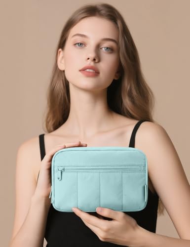 Noozion Makeup Bag Travel Toiletry Bag, Puffy Padded Cosmetic Bag for Women, Makeup Organizer Case, Wide-open Pouch Purse, Travel Essentials - color: Dusty Blue-Green