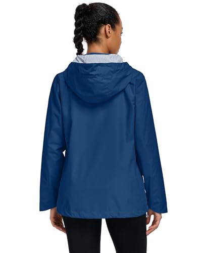 Hount Womens Waterproof Raincoat Lightweight Packable Striped Lined Rain Jacket Casual Travel Outdoor Hooded Jakctes - color: Dark Blue, size: Large
