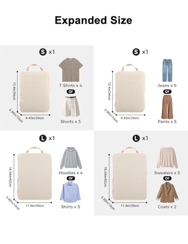 4 Set Compression Packing Cubes, Expandable Travel Organizer Bags, Water-Repellent Nylon, Space-Saving Luggage Set for Suitcase, Carry-on, Home Storage (4, Beige, Compression) - color: Beige