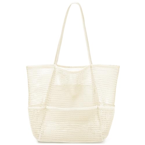 KPX Beach Bag with Mini Pocket, Summer Beach Tote Bags for Women Large Foldable Mesh Swimming Pool Travel Bags - Sandproof - color: Beige