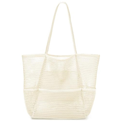 KPX Beach Bag with Mini Pocket, Summer Beach Tote Bags for Women Large Foldable Mesh Swimming Pool Travel Bags - Sandproof - color: Beige
