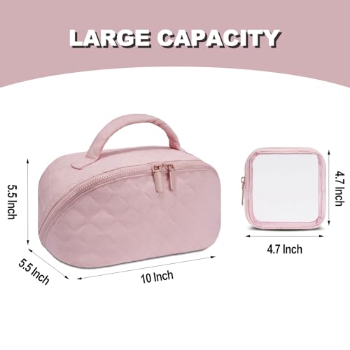 Makeup Bag,Quilted Puffer Cosmetic Bag for Women, 180° Lay-Flat Travel Make up Bag, Waterproof Large Capacity Toiletry Bag with Sturdy Zippers, Portable Makeup Organizer for Travel & Daily Use - color: Pink, size: Medium