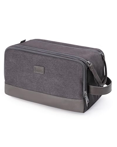 WANDF Toiletry Bag for Men Travel Toiletry Organizer Canvas and Leather Dopp Kit Water-Resistant Shaving Bag for Travel Accessories (Grey, Large) - color: L, Grey, size: Large