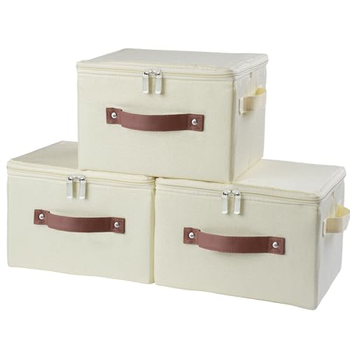 3 Pack Storage Bins with Zipper Lid Fabric Lidded Storage Boxes Baskets Cubes Washable Collapsible PU Leather Handle Cotton Linen Fabric Shelf Closet Organizer Container(Beige, Small Size) - color: Beige, size: Small ( Set of 3)