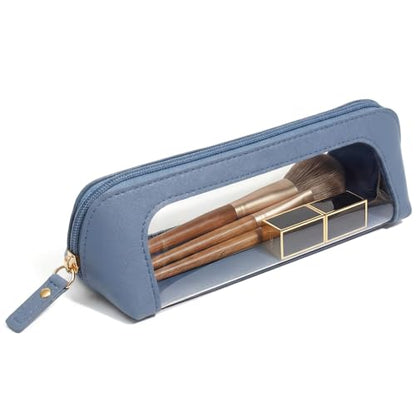 LETGO Clear Makeup Brush Bag Pouch, Waterproof PU Leather Portable Makeup Bag Holder with Transparent Window, Travel Lipstick Case Pouch Car Organizer and Storage (Slim, Blue) - color: Blue, style: Slim