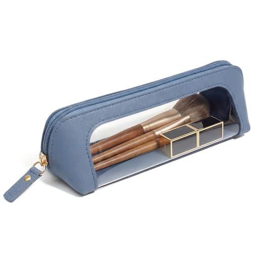 LETGO Clear Makeup Brush Bag Pouch, Waterproof PU Leather Portable Makeup Bag Holder with Transparent Window, Travel Lipstick Case Pouch Car Organizer and Storage (Slim, Blue) - color: Blue, style: Slim