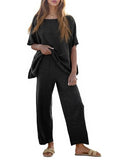 Tankaneo Women's 2 Piece Travel Outfits Casual Short Sleeve Knit Sweater Set Wide Leg Pants Lounge Sets Tracksuit - color: Black, size: Large