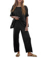 Tankaneo Women's 2 Piece Travel Outfits Casual Short Sleeve Knit Sweater Set Wide Leg Pants Lounge Sets Tracksuit - color: Black, size: Large